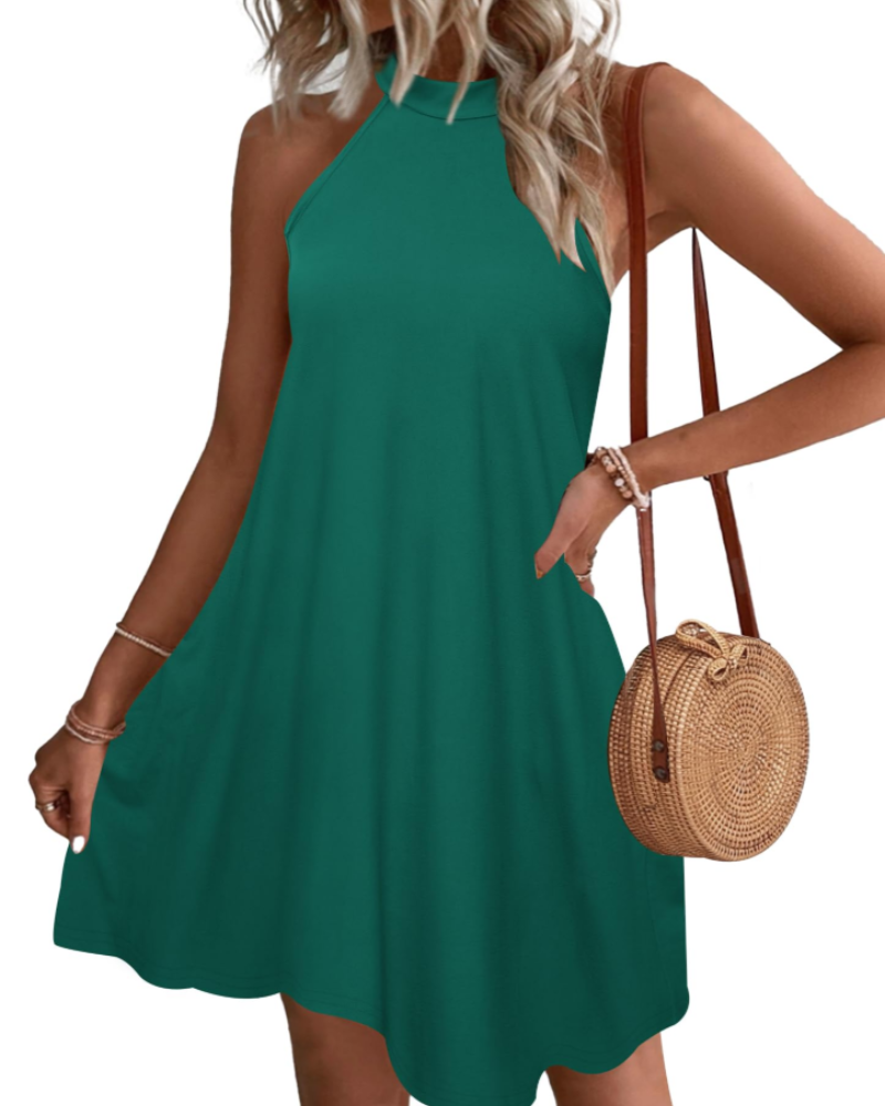 Georgia Women's Halter Mini Dress – Open Back A-Line Dress with Side Pockets