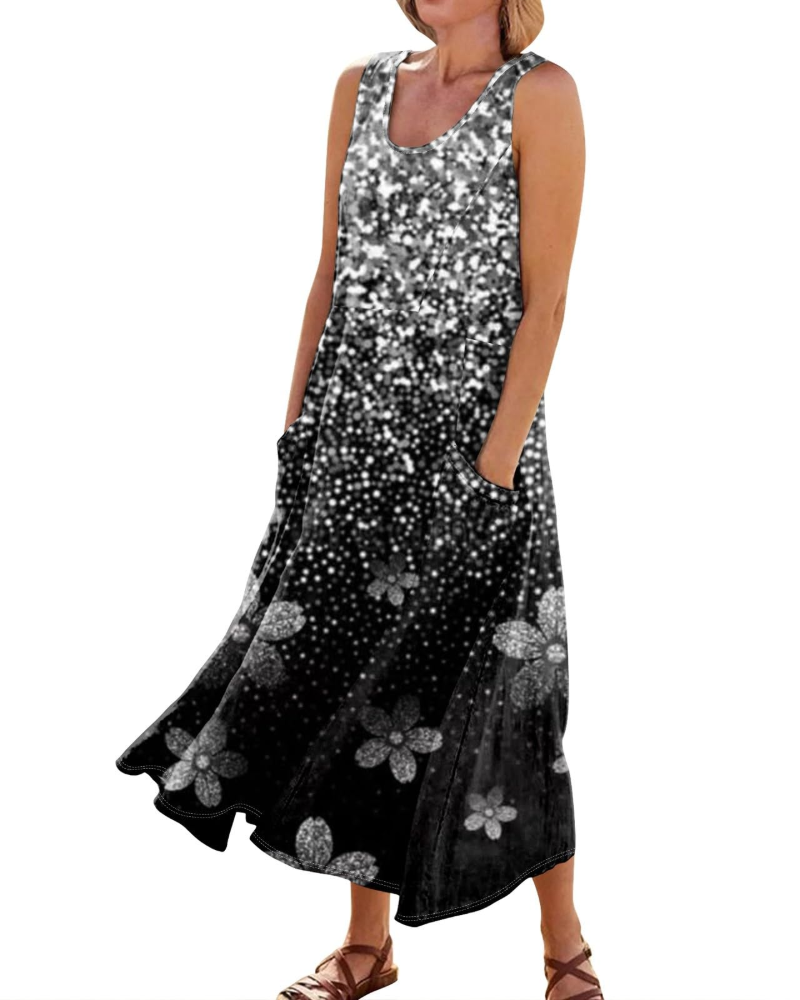 Lily Women's Boho Floral Maxi Dress – V-Neck Short Sleeve Dress with Pockets