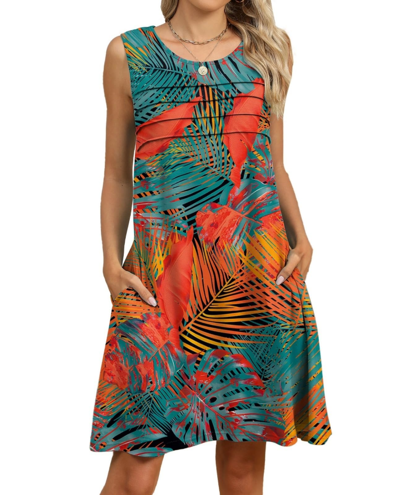 Sloane Women's Floral Midi Dress – Sleeveless A-Line Pleated Pockets