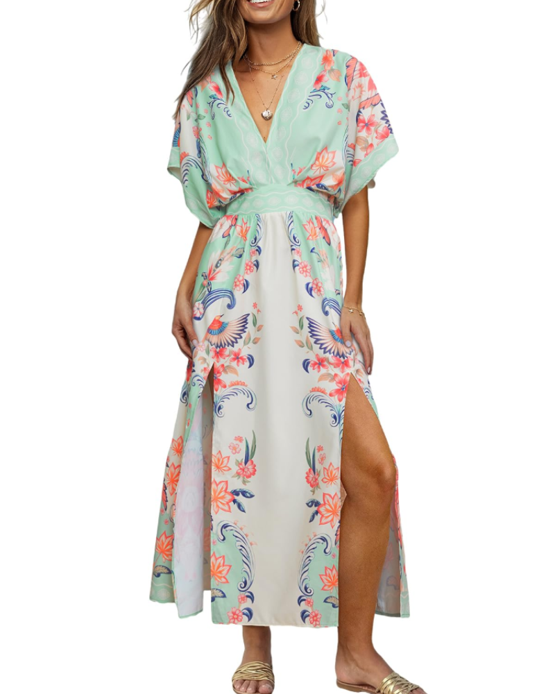 Vivian Women's Boho Maxi Dress – Deep V-Neck Kimono Sleeve Floral Dress with Slit