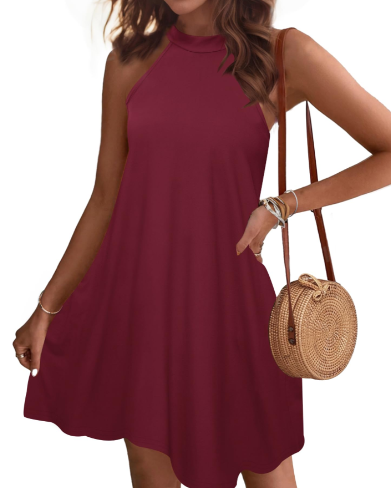 Georgia Women's Halter Mini Dress – Open Back A-Line Dress with Side Pockets