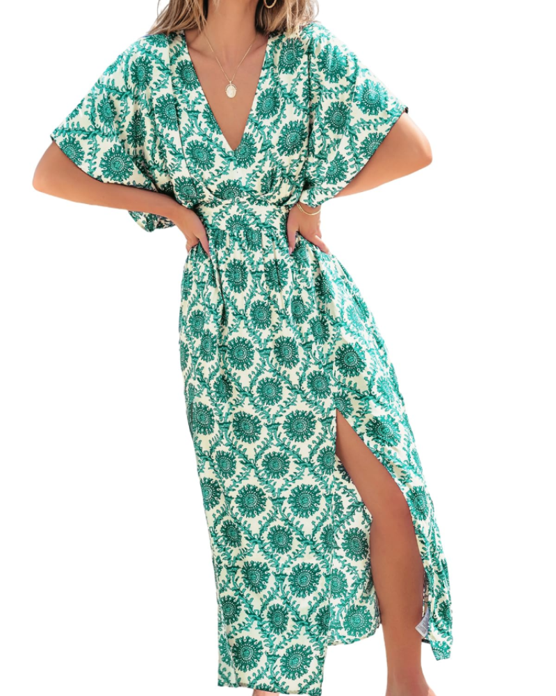 Vivian Women's Boho Maxi Dress – Deep V-Neck Kimono Sleeve Floral Dress with Slit