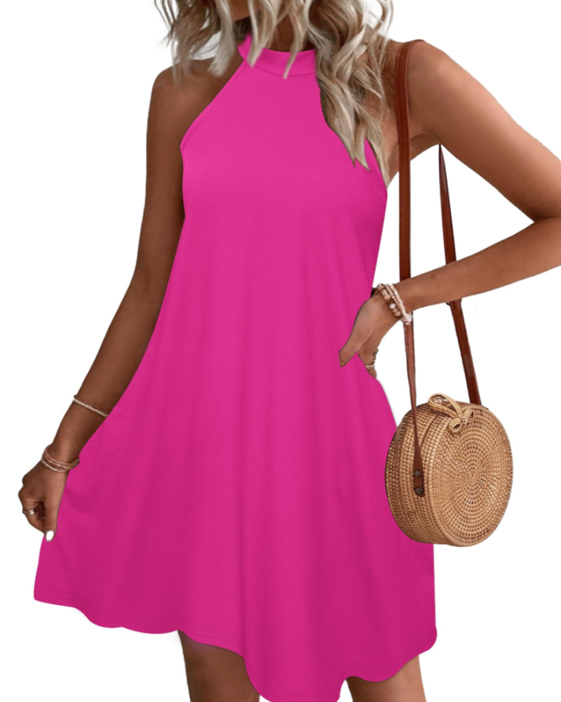 Georgia Women's Halter Mini Dress – Open Back A-Line Dress with Side Pockets