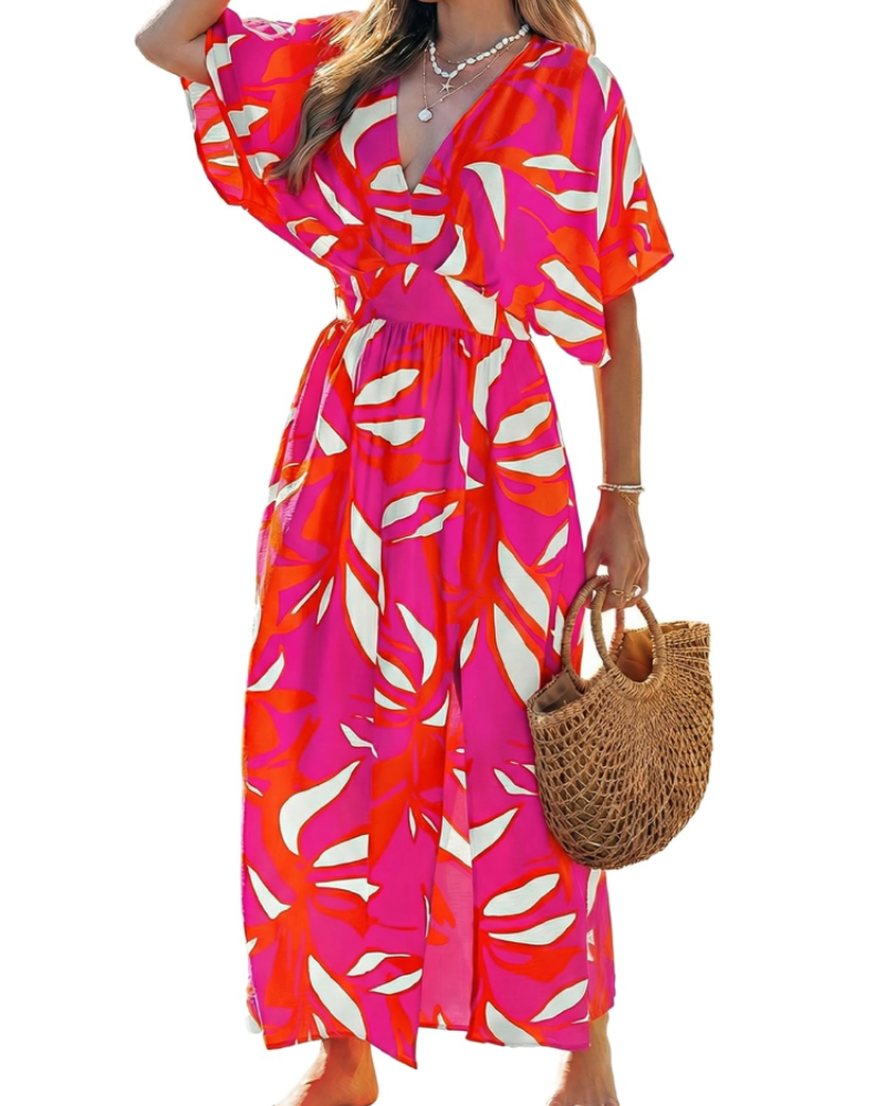 Vivian Women's Boho Maxi Dress – Deep V-Neck Kimono Sleeve Floral Dress with Slit