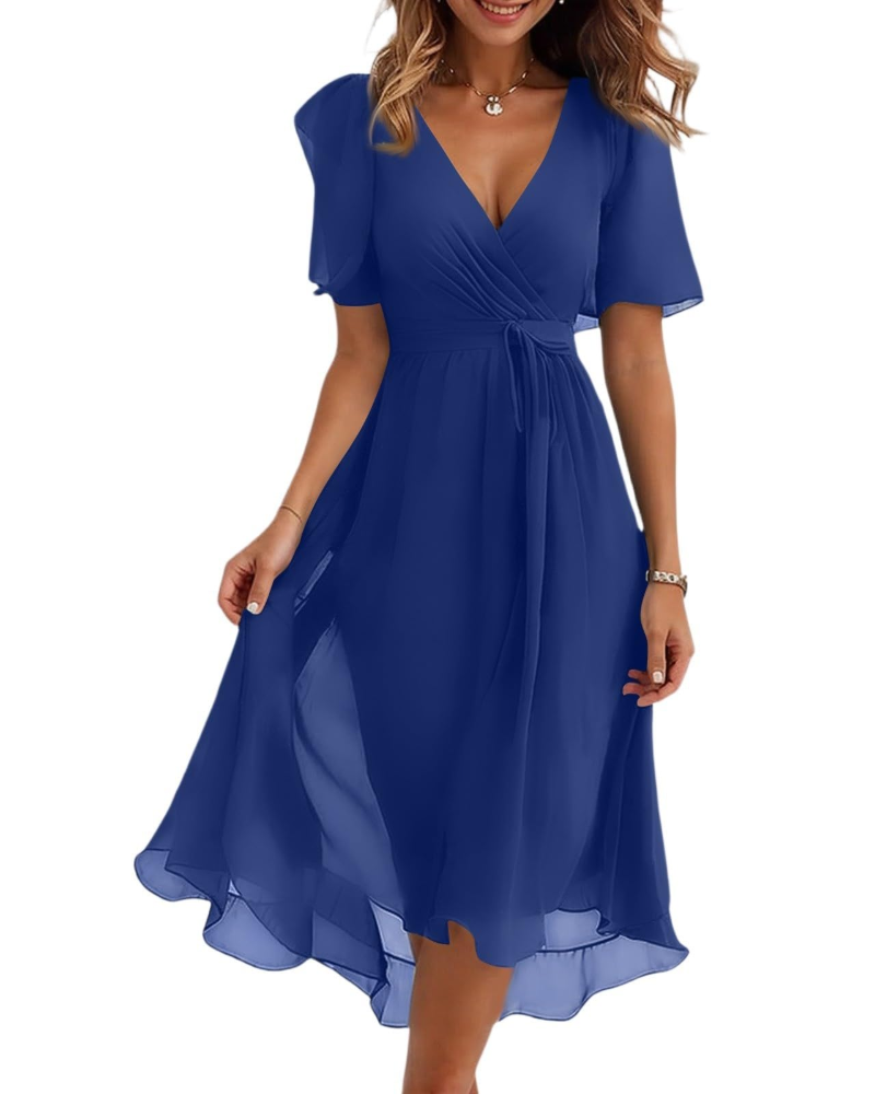 Florence Women's Floral Midi Dress – Wrap V-Neck Belted Puff Sleeve Elegant Dress