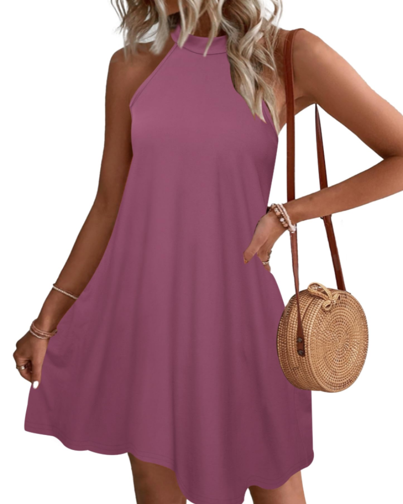 Georgia Women's Halter Mini Dress – Open Back A-Line Dress with Side Pockets