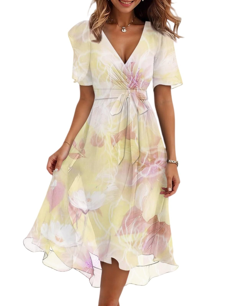 Florence Women's Floral Midi Dress – Wrap V-Neck Belted Puff Sleeve Elegant Dress