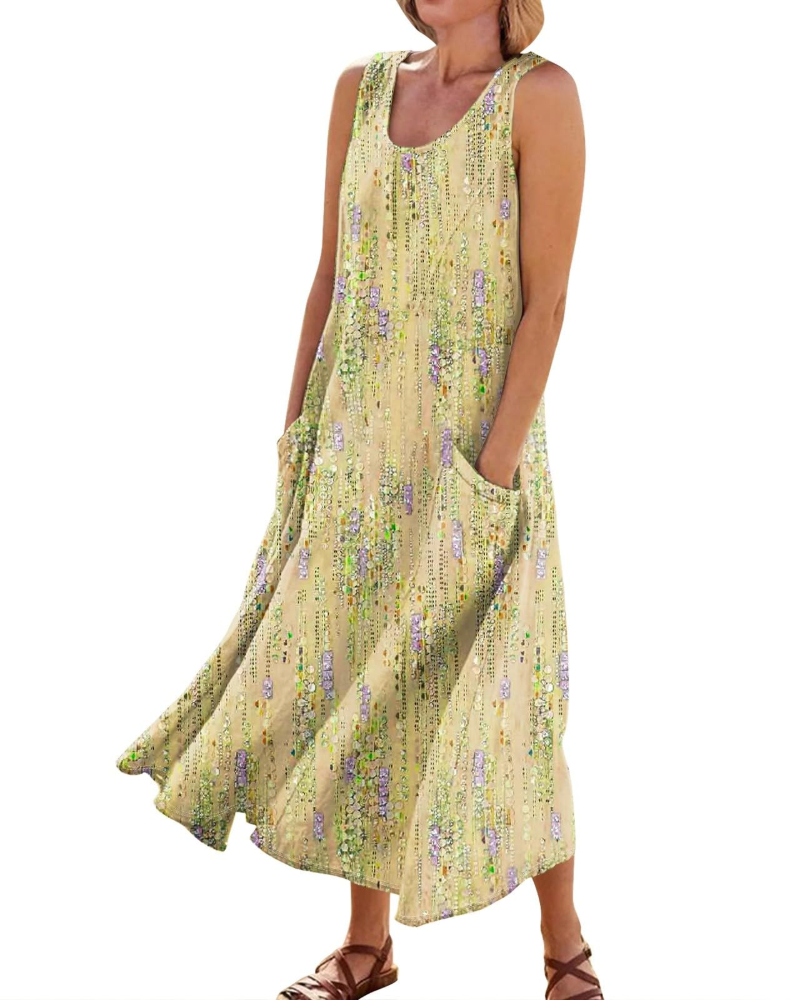 Lily Women's Boho Floral Maxi Dress – V-Neck Short Sleeve Dress with Pockets