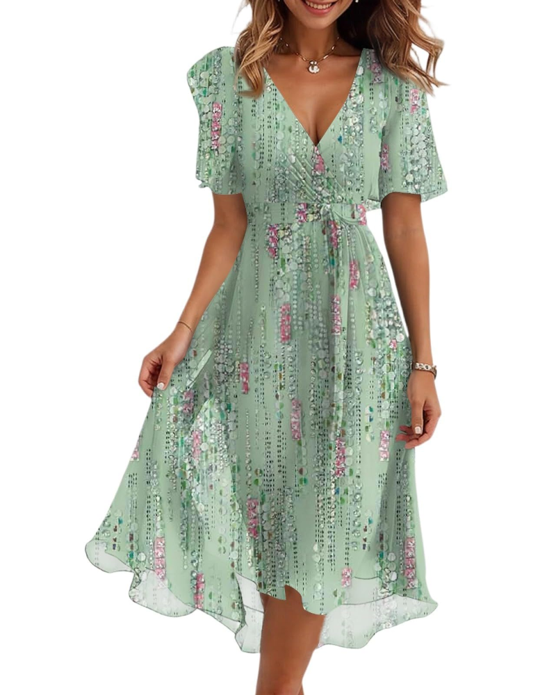 Florence Women's Floral Midi Dress – Wrap V-Neck Belted Puff Sleeve Elegant Dress