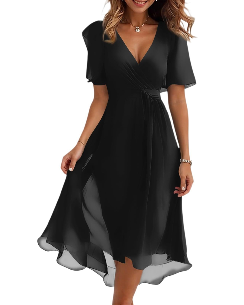 Florence Women's Floral Midi Dress – Wrap V-Neck Belted Puff Sleeve Elegant Dress