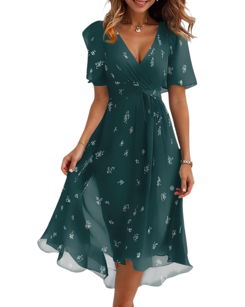 Florence Women's Floral Midi Dress – Wrap V-Neck Belted Puff Sleeve Elegant Dress