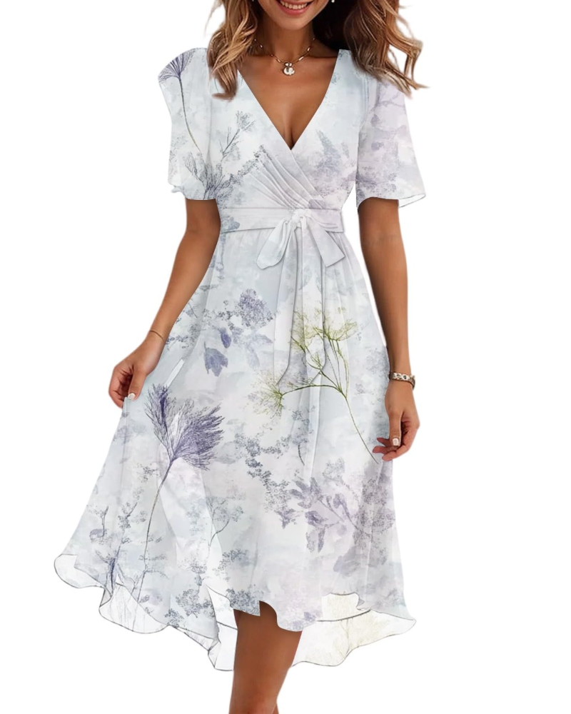 Florence Women's Floral Midi Dress – Wrap V-Neck Belted Puff Sleeve Elegant Dress