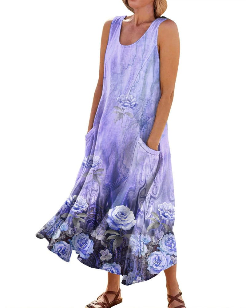Lily Women's Boho Floral Maxi Dress – V-Neck Short Sleeve Dress with Pockets