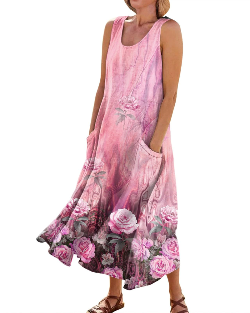 Lily Women's Boho Floral Maxi Dress – V-Neck Short Sleeve Dress with Pockets