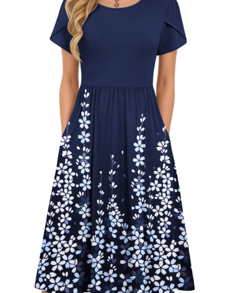Sofia Women's Midi Summer Dress – A-Line Elastic Waist Dress with Petal Sleeves & Pockets