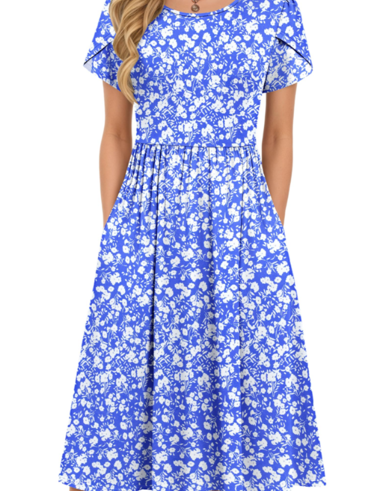 Sofia Women's Midi Summer Dress – A-Line Elastic Waist Dress with Petal Sleeves & Pockets