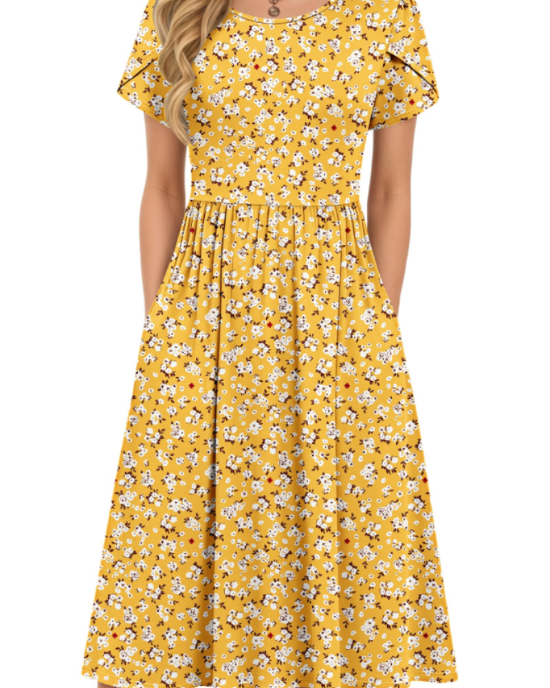 Sofia Women's Midi Summer Dress – A-Line Elastic Waist Dress with Petal Sleeves & Pockets