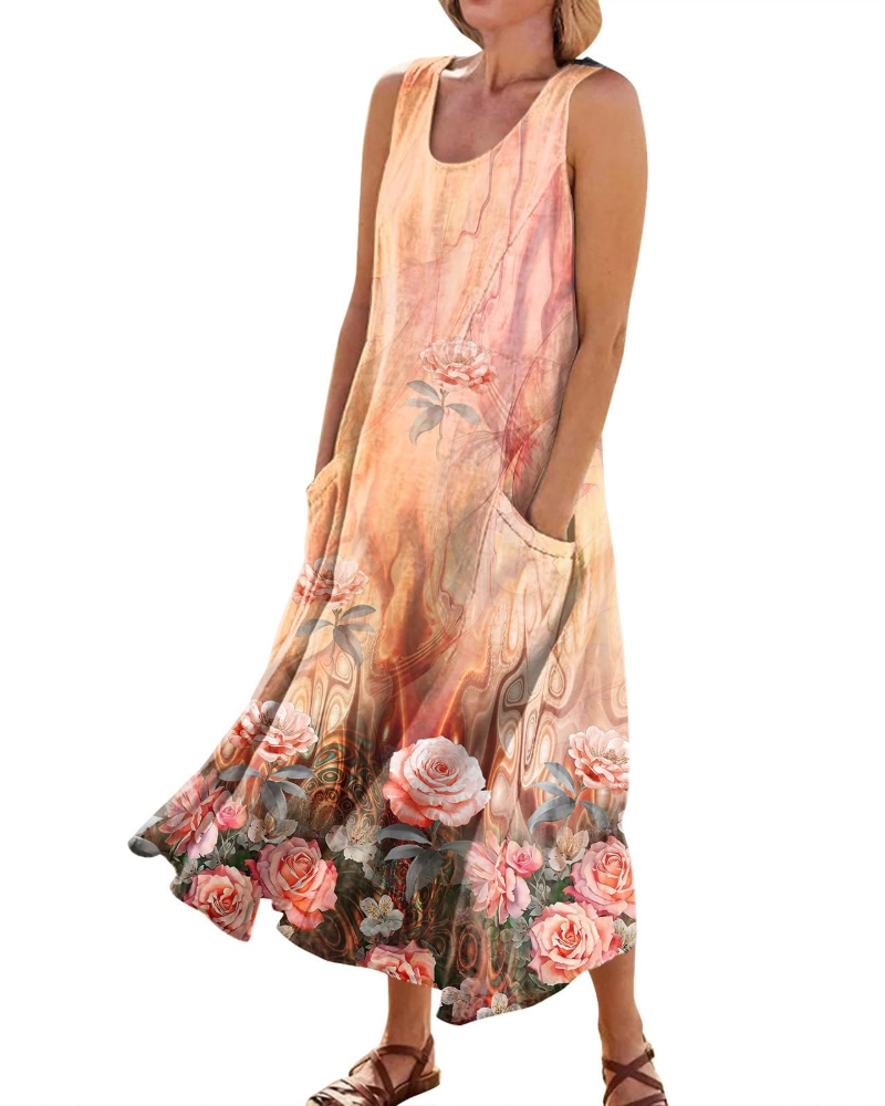 Lily Women's Boho Floral Maxi Dress – V-Neck Short Sleeve Dress with Pockets
