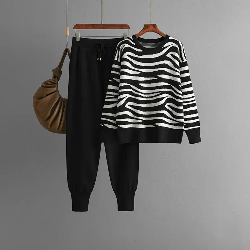 Delaney Women's Cashmere Set – Zebra Print Fitted Casual Lounge Outfit