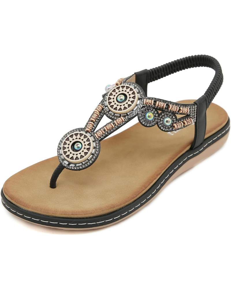 Zoe Women's Bohemian Flip Flops – Floral Rhinestone Sandals with Cushioned Footbed