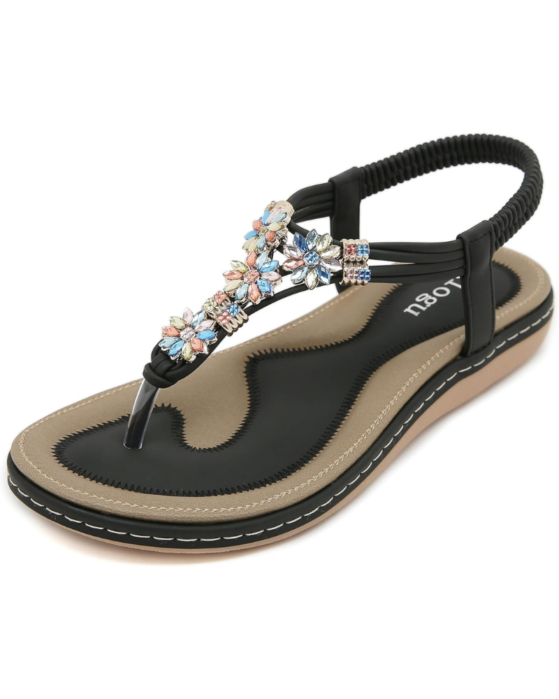 Zoe Women's Bohemian Flip Flops – Floral Rhinestone Sandals with Cushioned Footbed