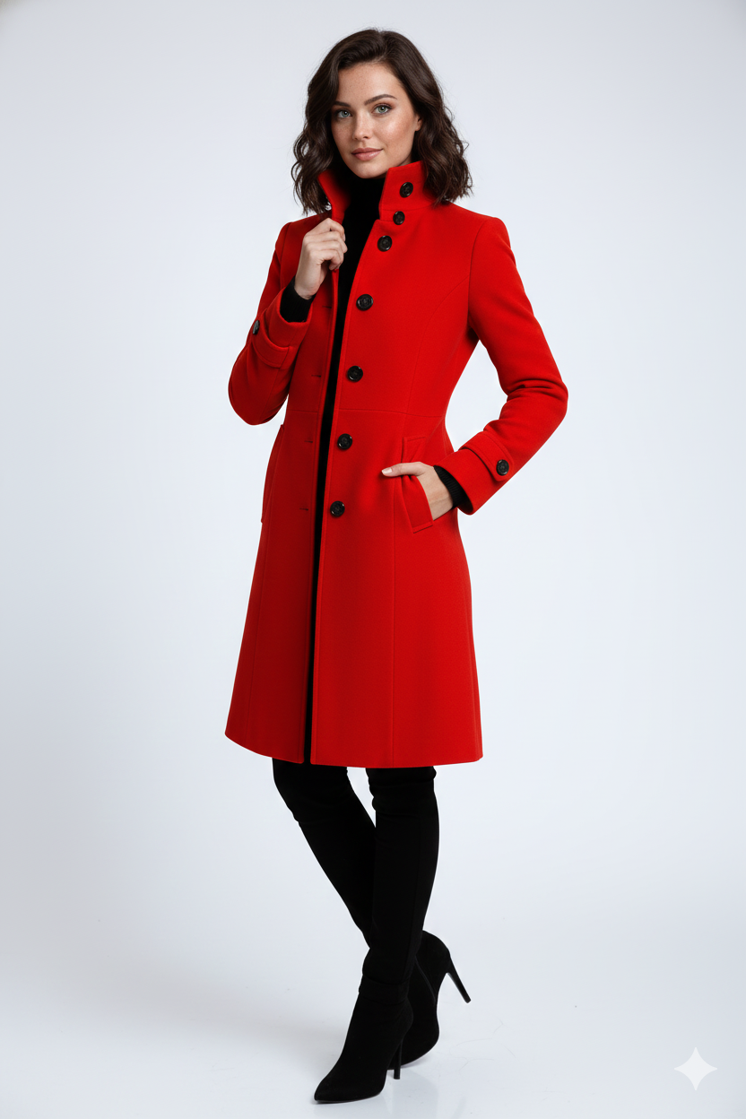 Sandy Women's Trench Coat – High Collar Fitted Winter Coat with Button Closure