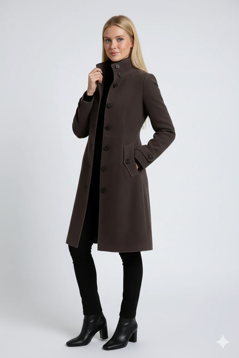 Sandy Women's Trench Coat – High Collar Fitted Winter Coat with Button Closure