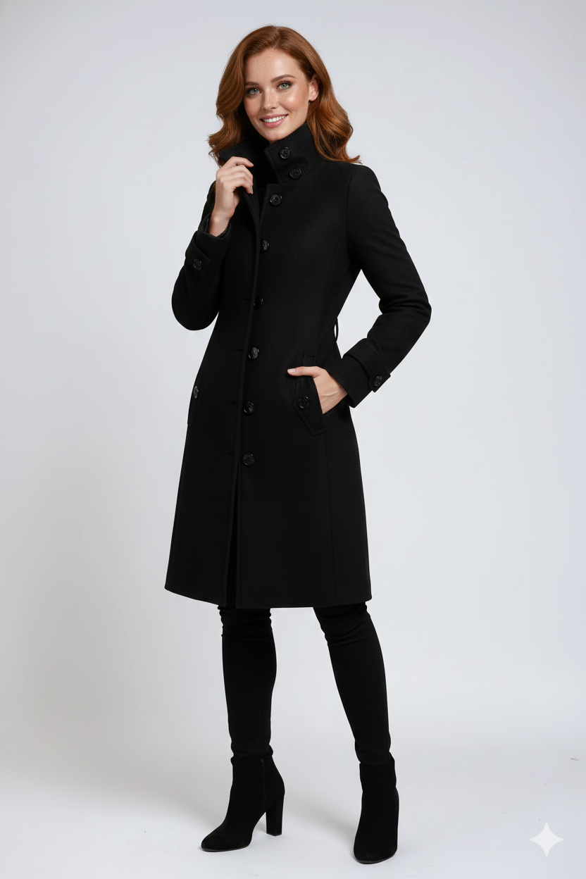 Sandy Women's Trench Coat – High Collar Fitted Winter Coat with Button Closure