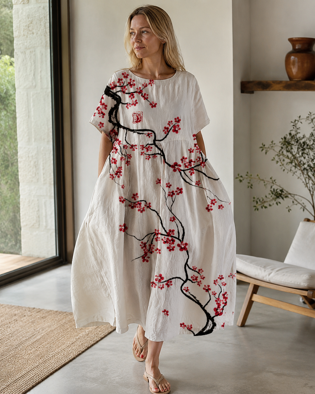 Sareno Women's Floral Midi Dress – Lightweight Round Neck Summer Day Dress