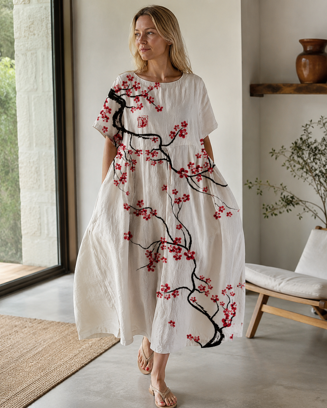 Sareno Women's Floral Midi Dress – Lightweight Round Neck Summer Day Dress