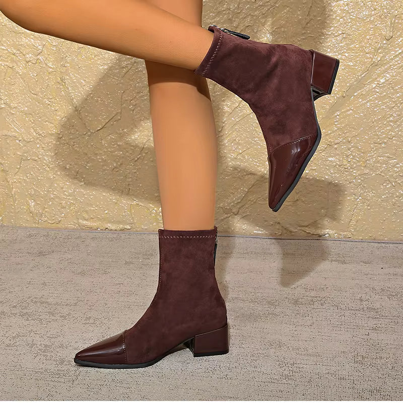 Gracia Women's Suede Ankle Boots – Patent Detail Block Heel Non-Slip Boots