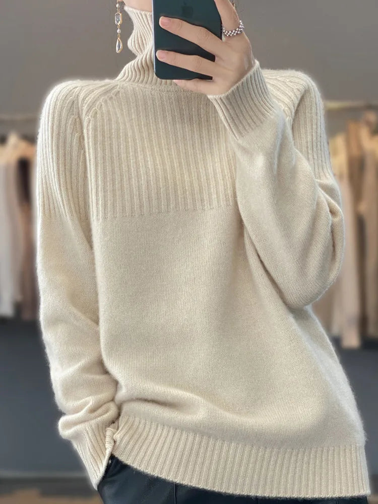Luan Women's Turtleneck Sweater – Soft Ribbed Knit Relaxed Winter Pullover