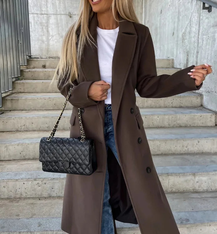 Grace Women's Wool Coat – Double-Breasted Structured Long Winter Overcoat