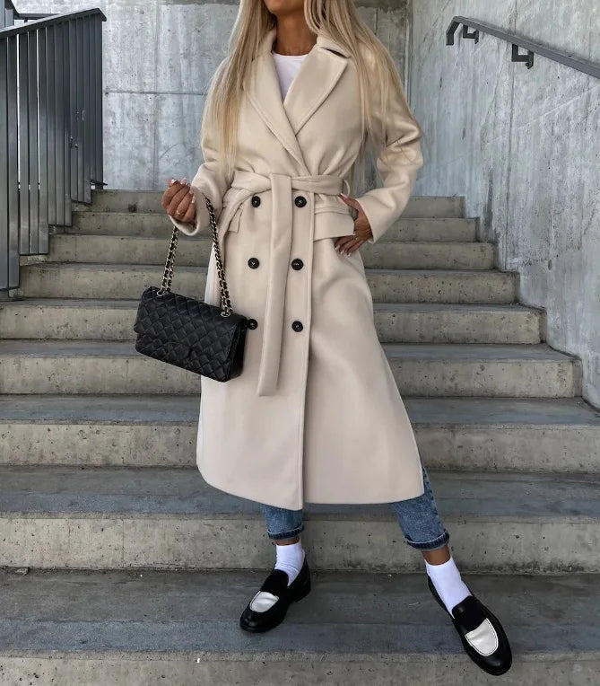 Grace Women's Wool Coat – Double-Breasted Structured Long Winter Overcoat