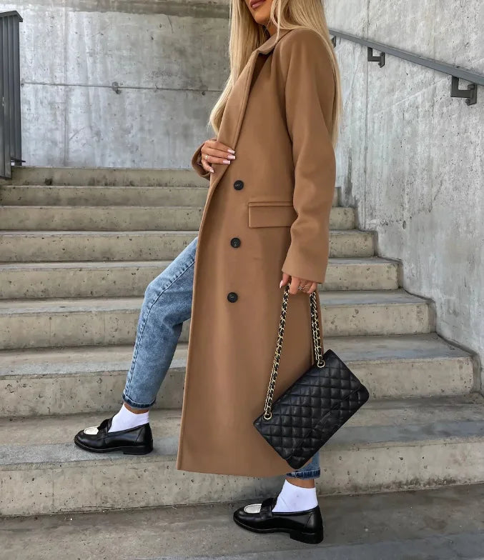 Grace Women's Wool Coat – Double-Breasted Structured Long Winter Overcoat
