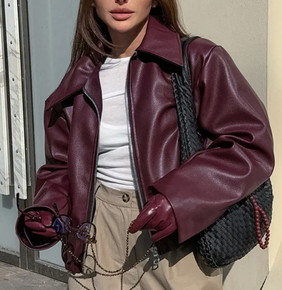 Celeste Women’s Faux Leather Bomber Jacket – Oversized Casual Zip-Up with Ribbed Cuffs