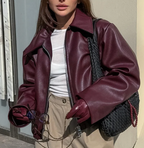 Celeste Women’s Faux Leather Bomber Jacket – Oversized Casual Zip-Up with Ribbed Cuffs