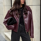 Celeste Women’s Faux Leather Bomber Jacket – Oversized Casual Zip-Up with Ribbed Cuffs