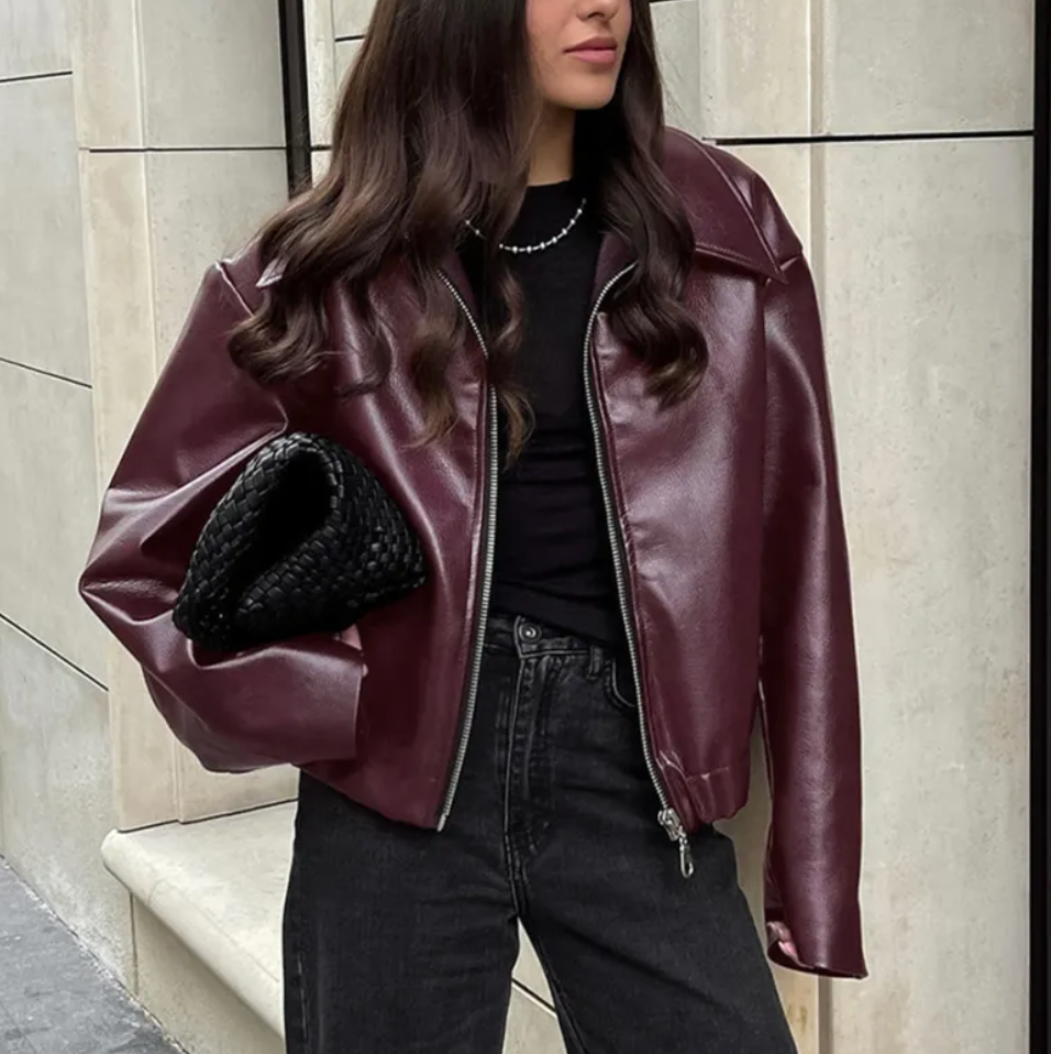 Celeste Women’s Faux Leather Bomber Jacket – Oversized Casual Zip-Up with Ribbed Cuffs