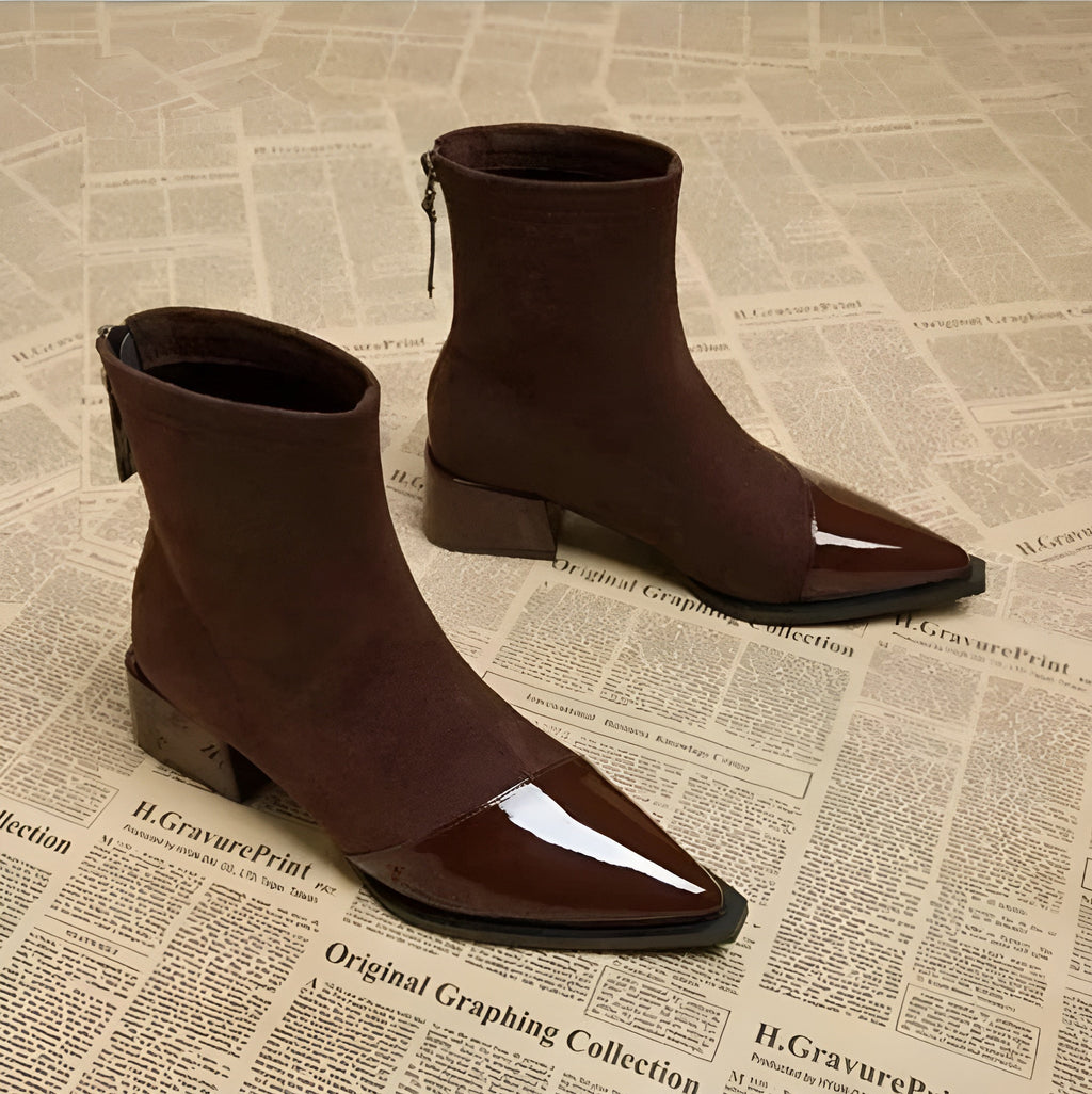 Gracia Women's Suede Ankle Boots – Patent Detail Block Heel Non-Slip Boots