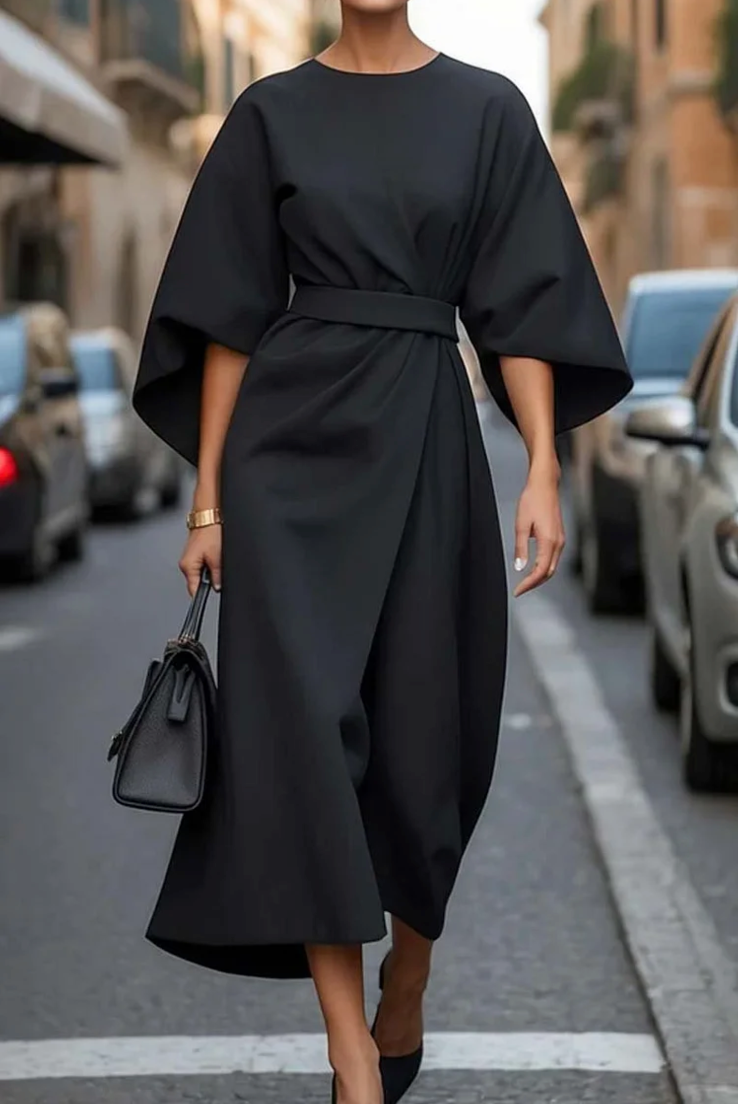 Louise Women’s Elegant Dress – Flowy Puff Sleeve Midi Dress with Adjustable Waist