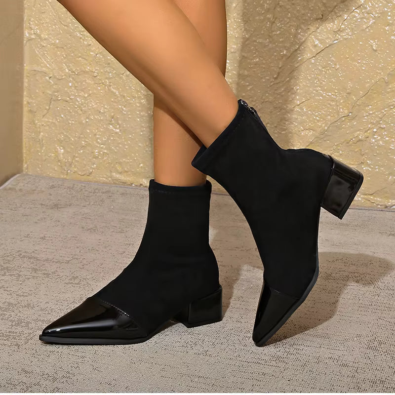 Gracia Women's Suede Ankle Boots – Patent Detail Block Heel Non-Slip Boots