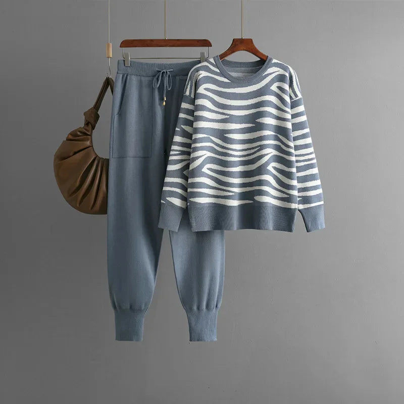 Delaney Women's Cashmere Set – Zebra Print Fitted Casual Lounge Outfit