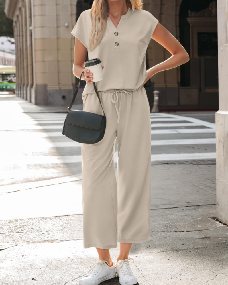 Isabelle Women’s 2-Piece Knit Set – V-Neck Top & Cropped Wide Leg Pants