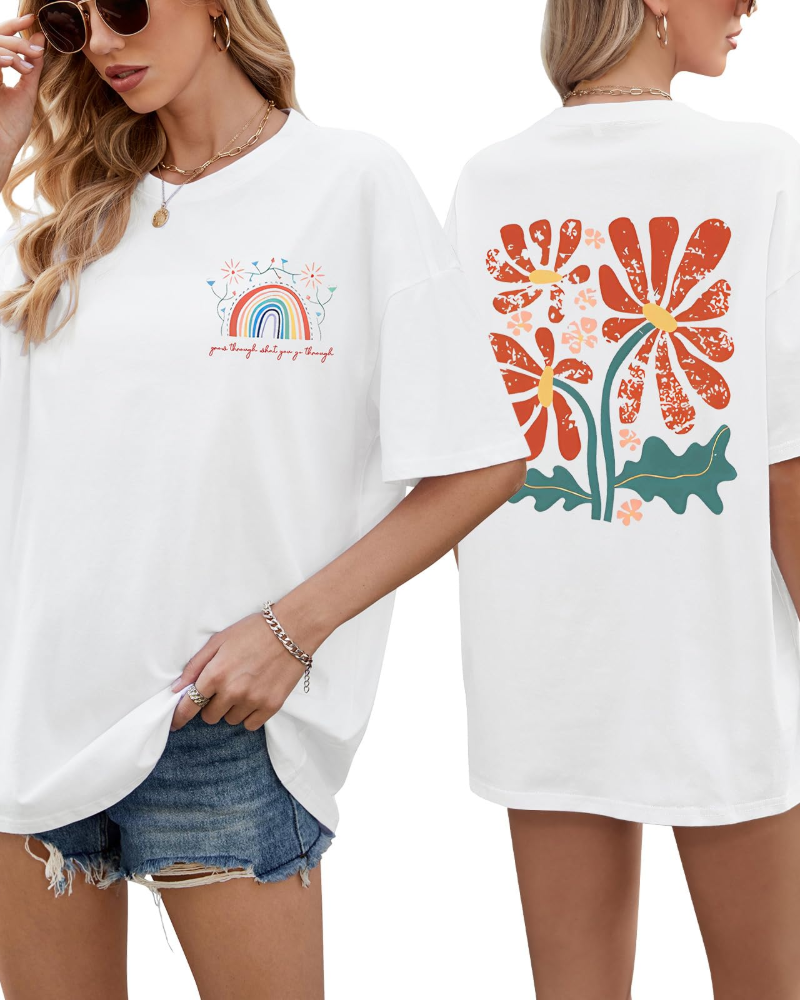 Monica Women's Oversized Graphic Tee – 100% Cotton Rainbow Floral Casual T-Shirt