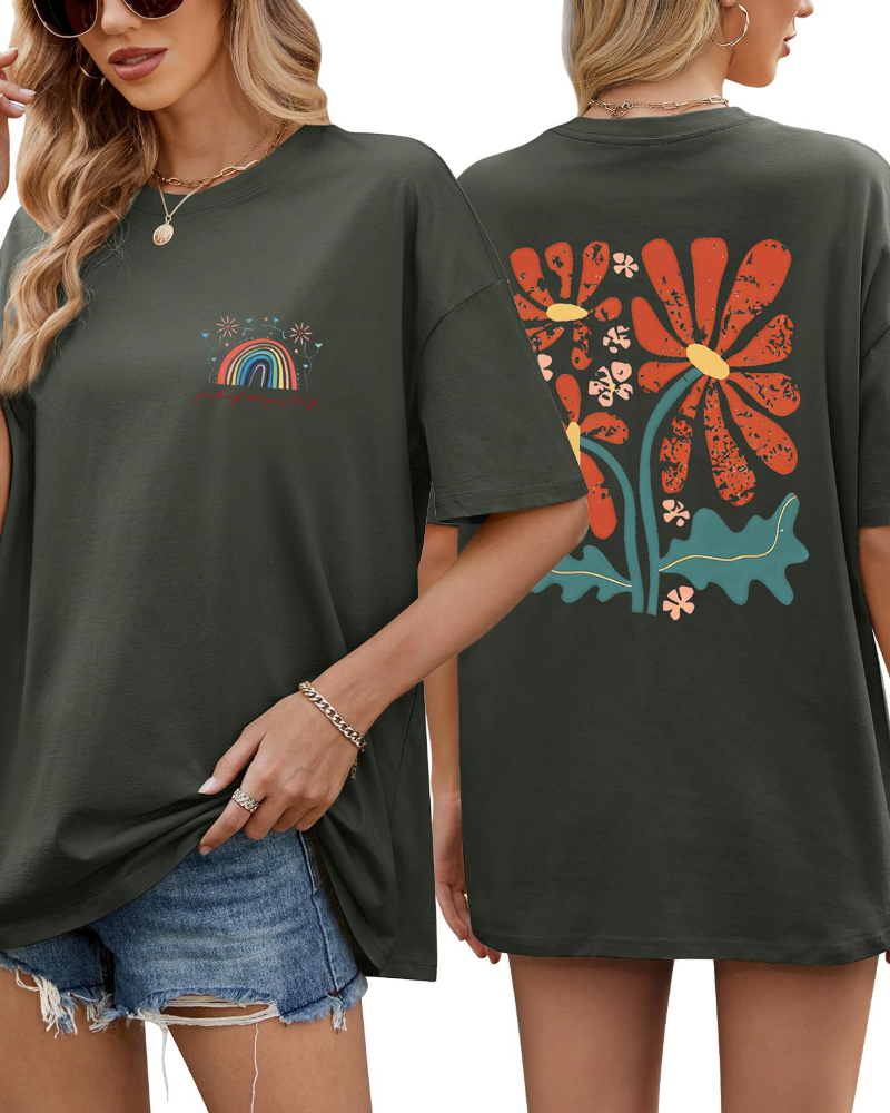 Monica Women's Oversized Graphic Tee – 100% Cotton Rainbow Floral Casual T-Shirt