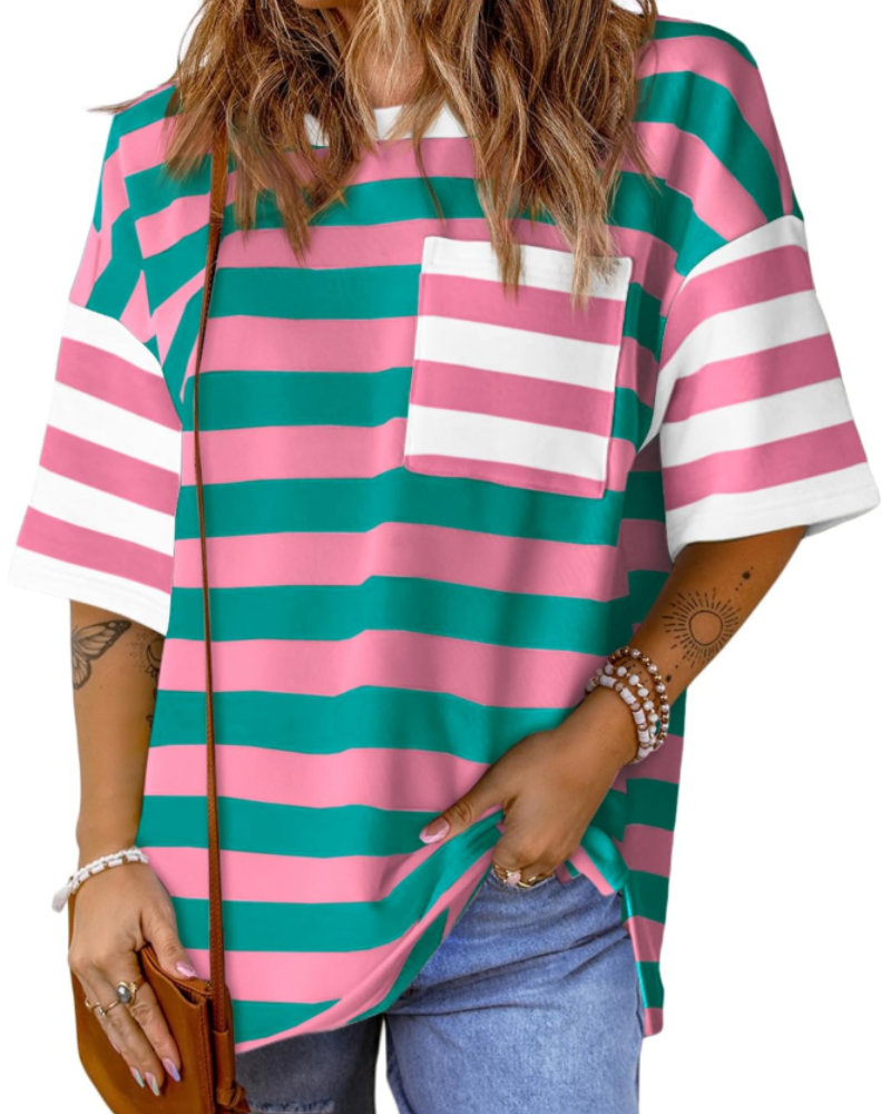 Avery Women’s Striped T-Shirt – Oversized Color Block Short Sleeve Tee