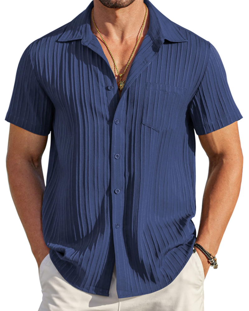 Lucas Men’s Cuban Shirt – Textured Short Sleeve Button-Down Summer Shirt