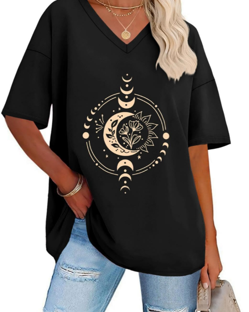 Megan Women’s Oversized Graphic Tee – V-Neck Loose Fit Casual T-Shirt
