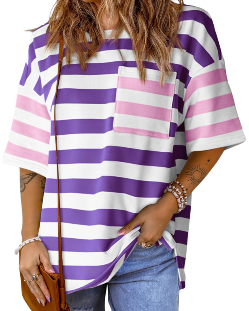 Avery Women’s Striped T-Shirt – Oversized Color Block Short Sleeve Tee